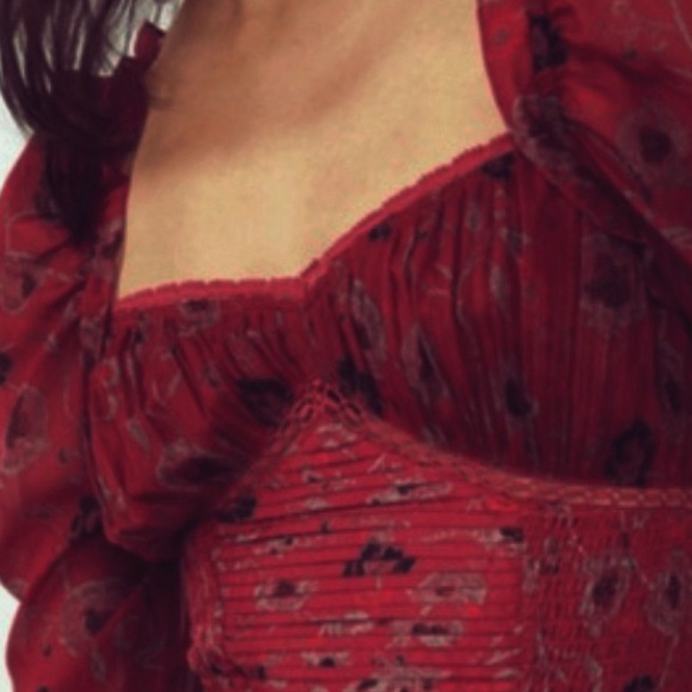 FREE PEOPLE BRUNCH DATE FLORAL PUFF SLEEVE BODYSUIT MERLOT XS - Picture 4 of 7